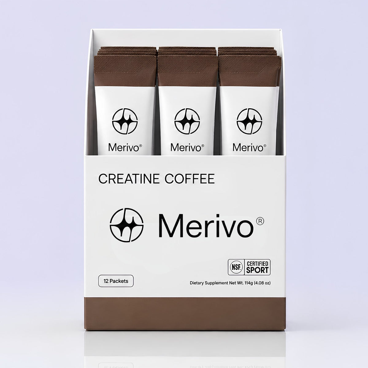A Merivo Creatine Coffee box opened to show the stick packs inside. 12 packets, NSF Certified for Sport.