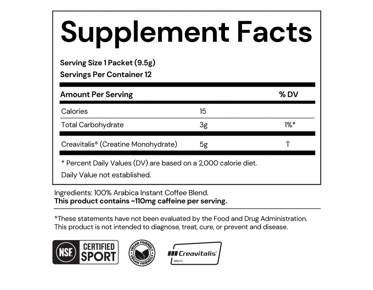 Supplement Facts panel for Merivo Creatine Coffee. Serving size 1 packet, 9.5g. 12 servings per container. 5g Creavitalis creatine monohydrate and about 110mg caffeine per serving. Ingredients: 100% arabica instant coffee blend.