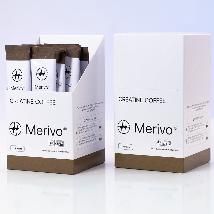 Two Merivo Creatine Coffee boxes side by side, one open showing the stick packs and one sealed. 12 packets, NSF Certified for Sport.