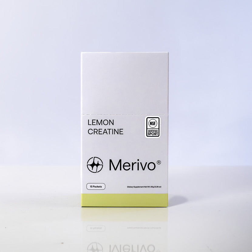 The front of a Merivo Lemon Creatine box. 15 packets, NSF Certified for Sport.