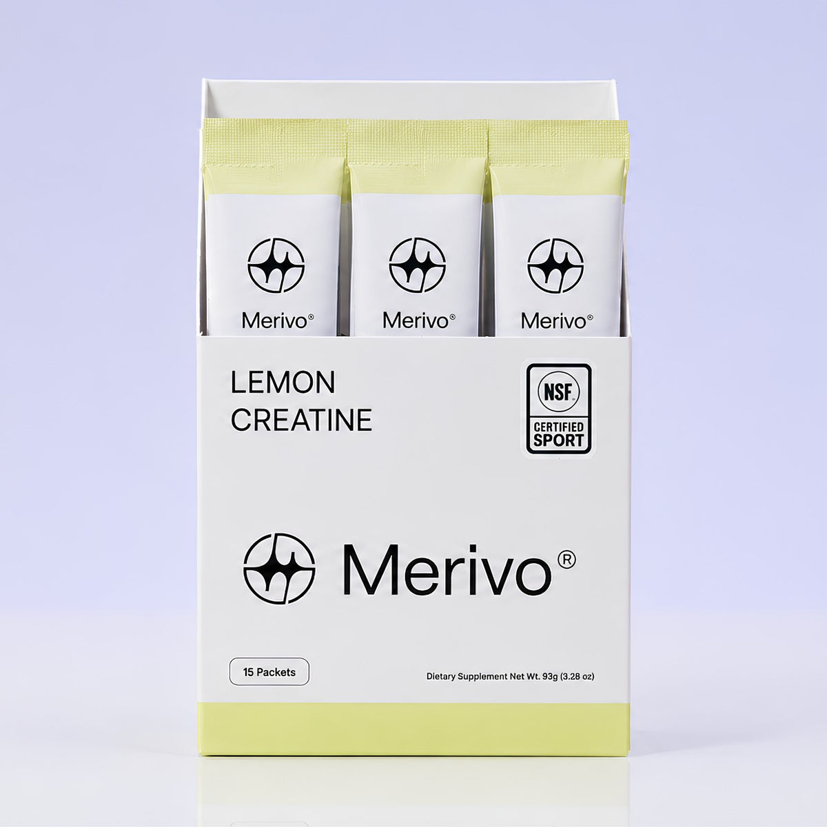 A Merivo Lemon Creatine box opened to show the stick packs inside. 15 packets, NSF Certified for Sport.