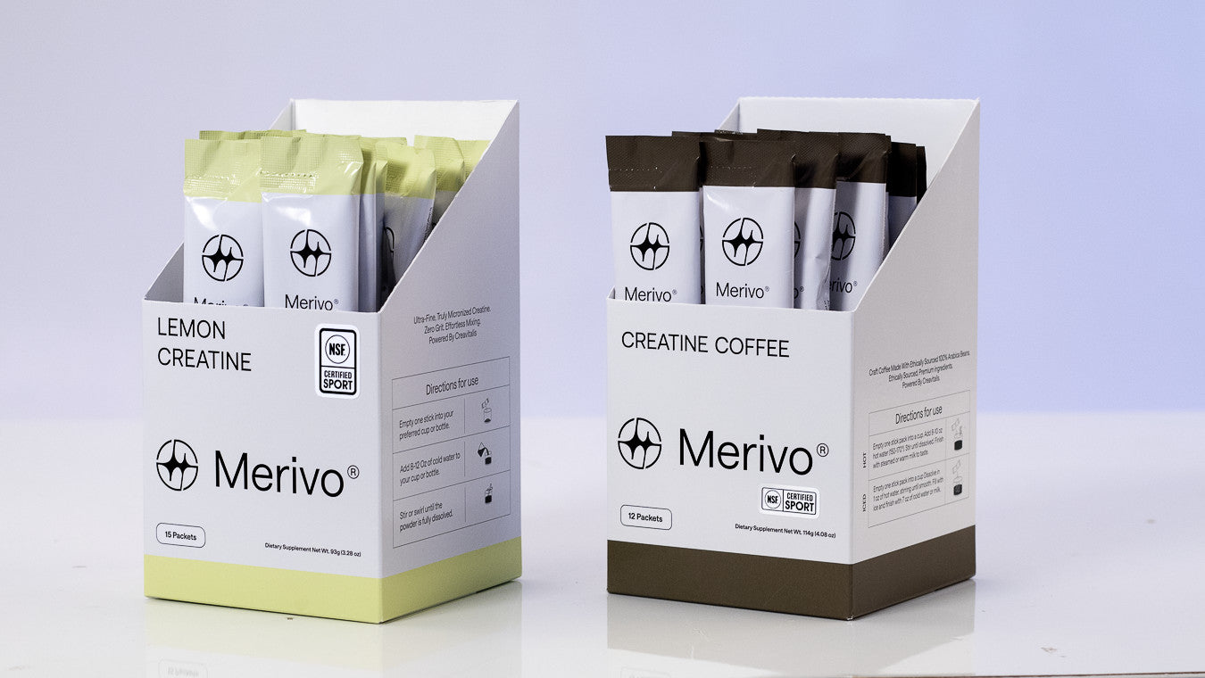Merivo Lemon Creatine and Creatine Coffee boxes open side by side, stick packs visible in both.